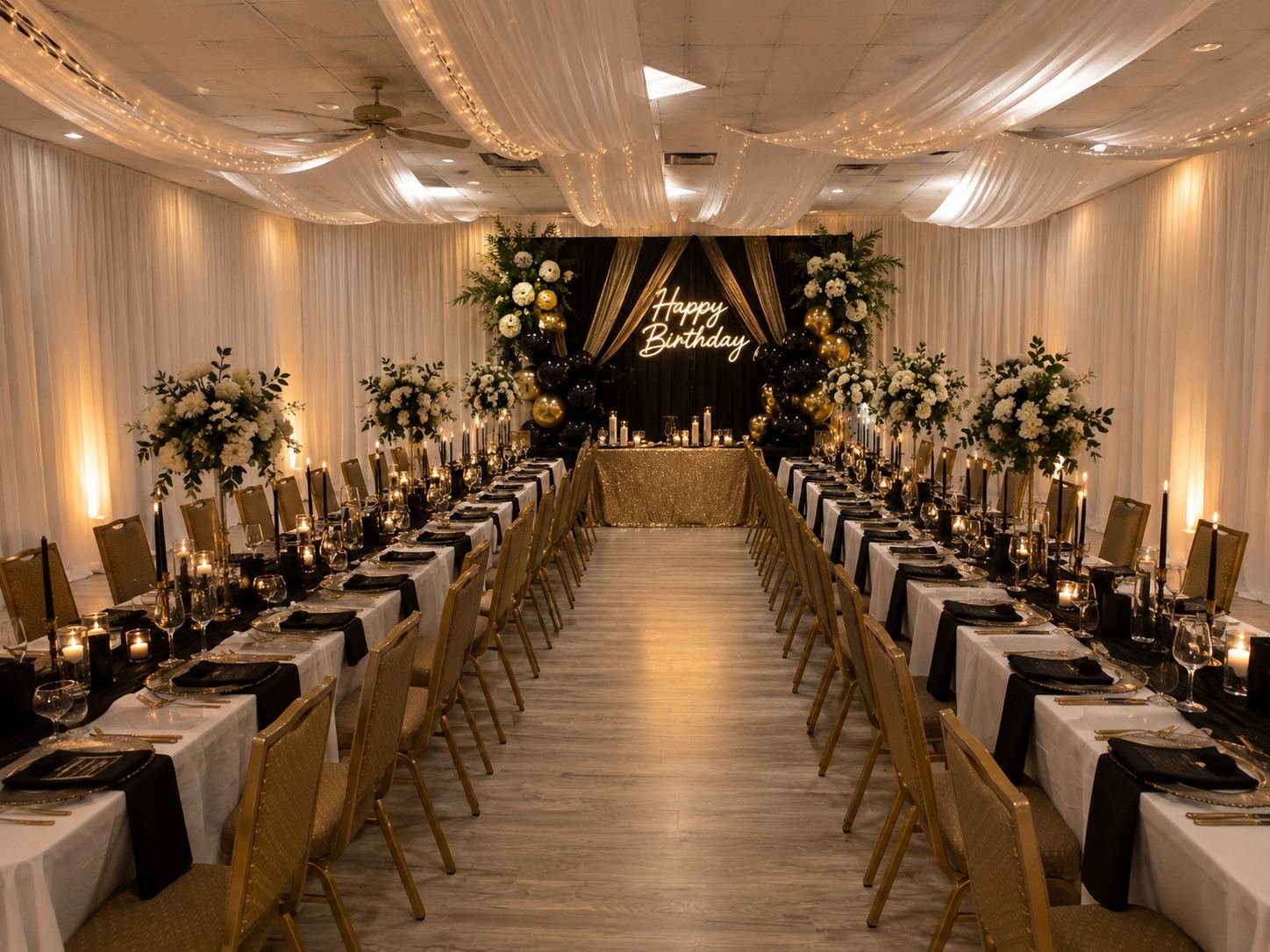 The Solène event venue in Houston, TX decorated for an elegant evening celebration