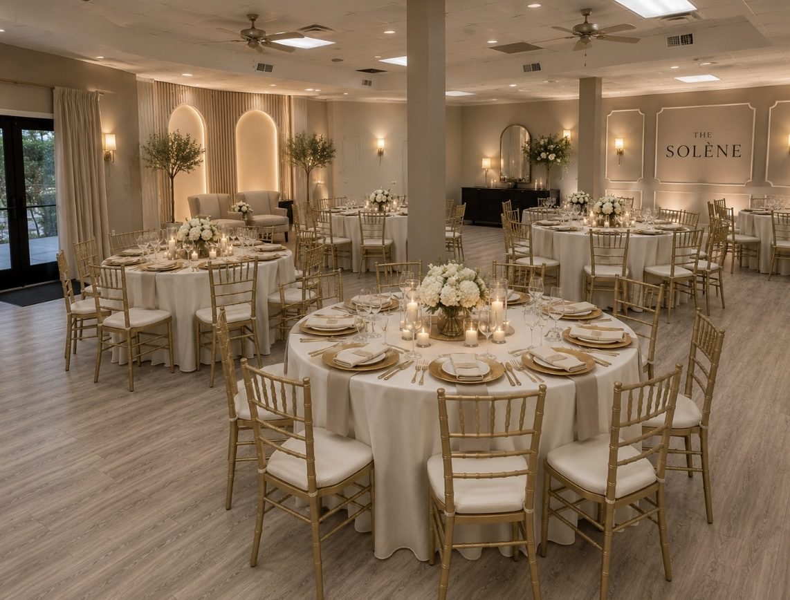 The Solène event venue main room in Houston, TX set for an elegant celebration